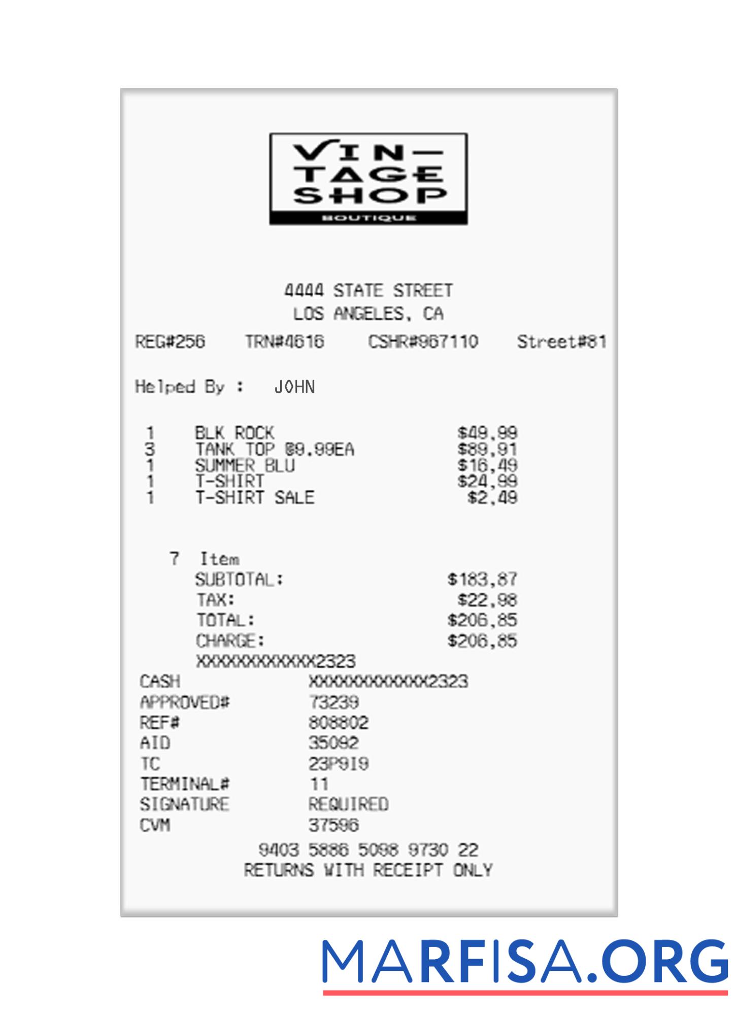 Printable VIN TAGE SHOP receipt sample